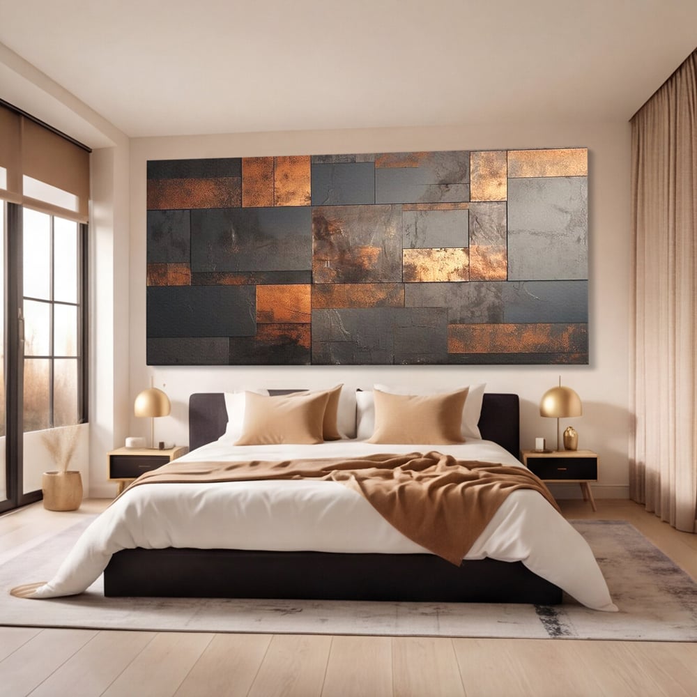 Tablou canvas cu tablou canvas cu placi geometrice metalice, fara rama, pe sasiu de lemn, pe perete intr-un dormitor